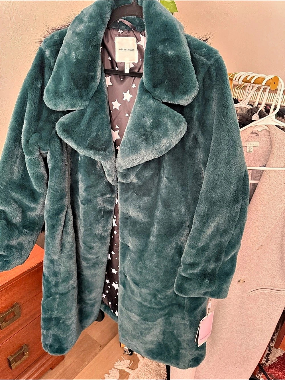 Avec Les Filles Regal Faux Fur Notch Collar Coat Green & Black Large NWT